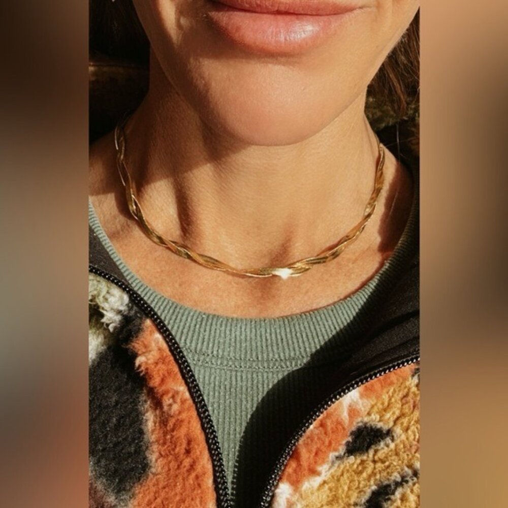 Gold Herringbone Twist Necklace Waterproof Necklace Gorgeous Layering Necklace - Picture 3 of 15